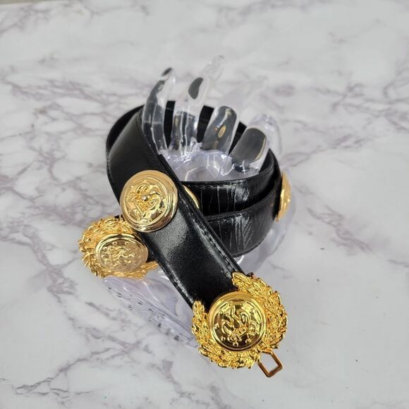 Black Leather Belt with Gold Toned Crest Medallions Conchos - Picture 8 of 12